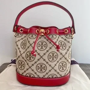 Tory Burch Bags Nwt Tory Burch 84336 T Monogram Jacquard Bucket Bag Hazelnuttory Red Poshmark